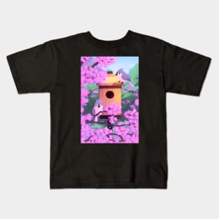 Tufted Titmouse House With Redbuds Kids T-Shirt